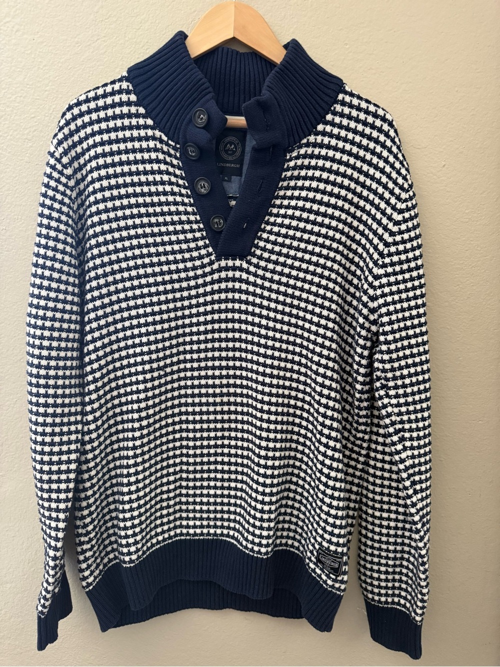 Lindbergh Navy & White Textured Knit Button-Smock Sweater SZ XL